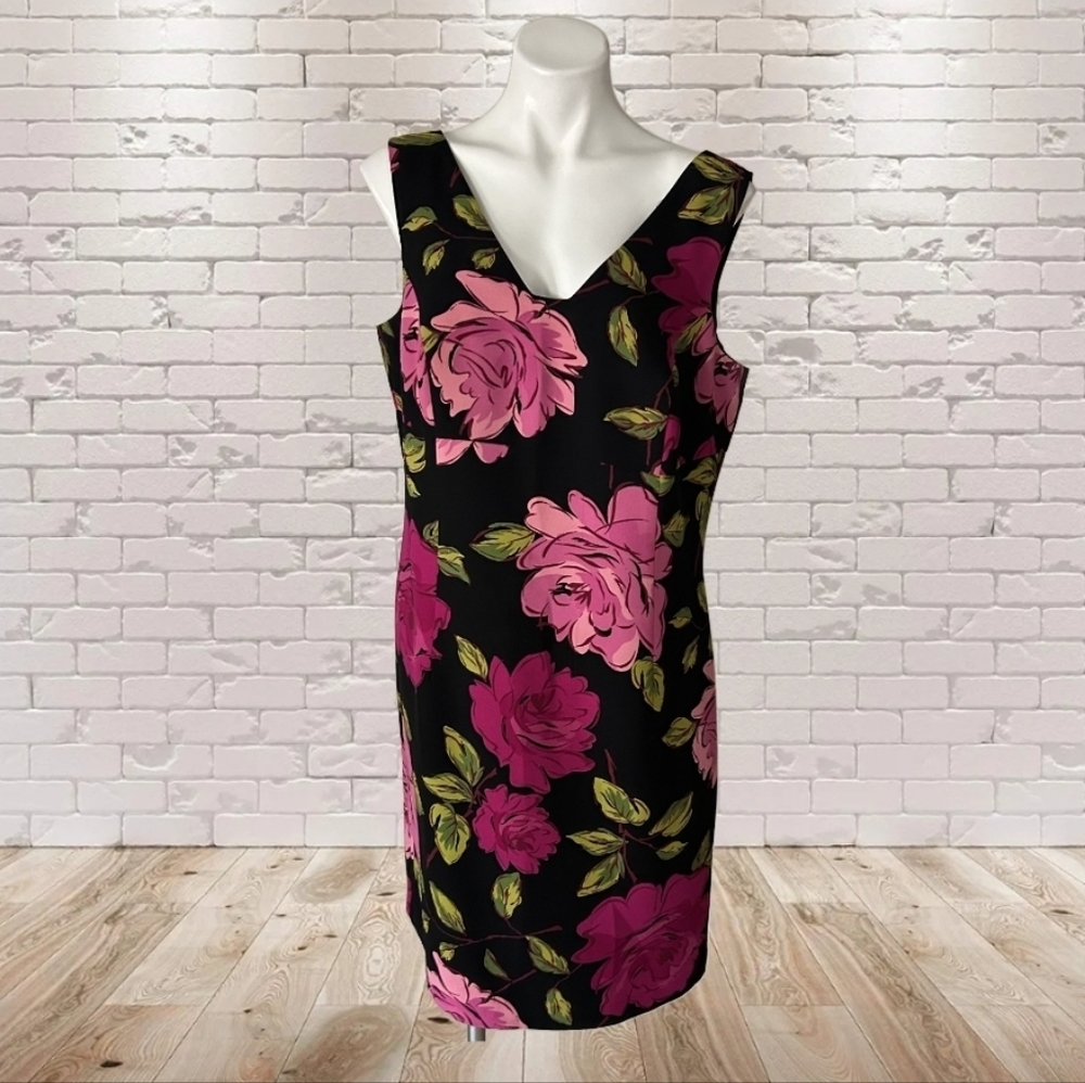 Amanda Smith Dress  Black Pink Green Floral Print Sleeveless V-Neck Size 14W